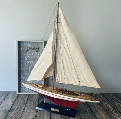 Handcrafted Wooden Racing Yacht Fully Assembled Sailboat Model Plank On Bulkhead