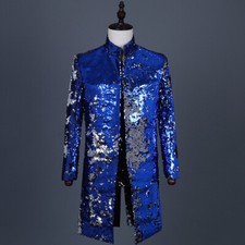 Men Reversible Two Tone Sequin Longline Jacket Suit Blazer Wedding Party Shiny