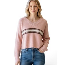 Wild Fable Women's Pink Stripe V-Neck Sweater L