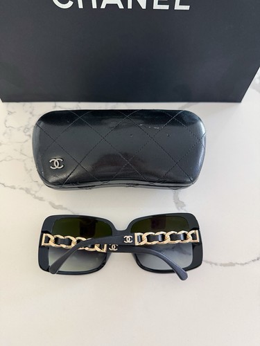 CHANEL Black Acetate Square Frame Chain-Link Sunglasses; 5208-Q