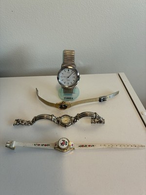 Lot Vtg Fashion Watches 1 With Diamond Chip,Timex Indiglo, 2 More Parts/Repair