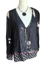90s Carole Little Black Floral Embroidered Rayon Button Kimono Cardigan Sz 10
