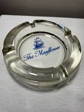 Vintage MCM ‘The Mayflower’ Clear Glass With Blue Ship Ash Tray Or Dish