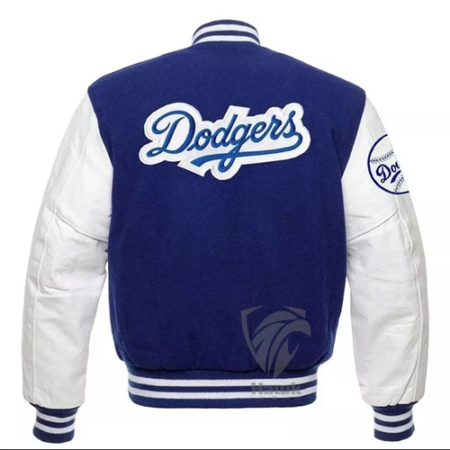 Blue Wool White Leather Sleeves Baseball Jacket