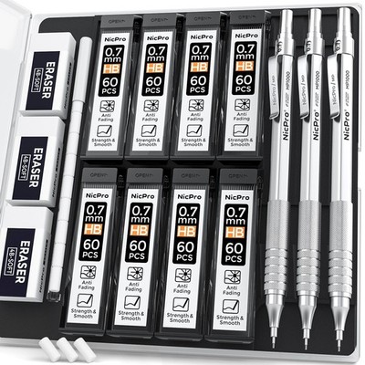 Nicpro 0.7 Metal Mechanical Pencil Set with Case, 3PCS MP1000 MM, Silver 