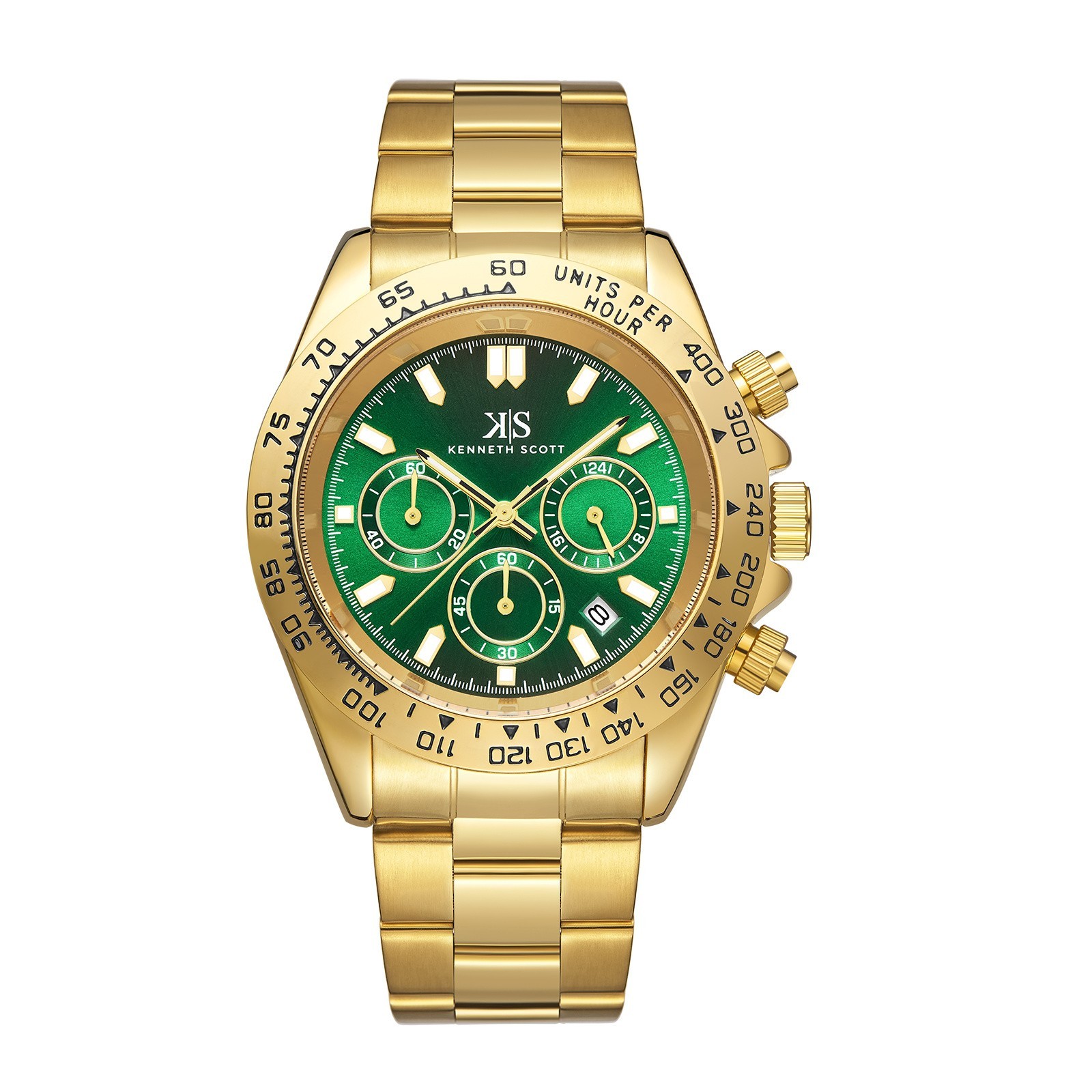Kenneth Scott Men’s Multi Function Watch | Green Dial, Gold Case & Strap