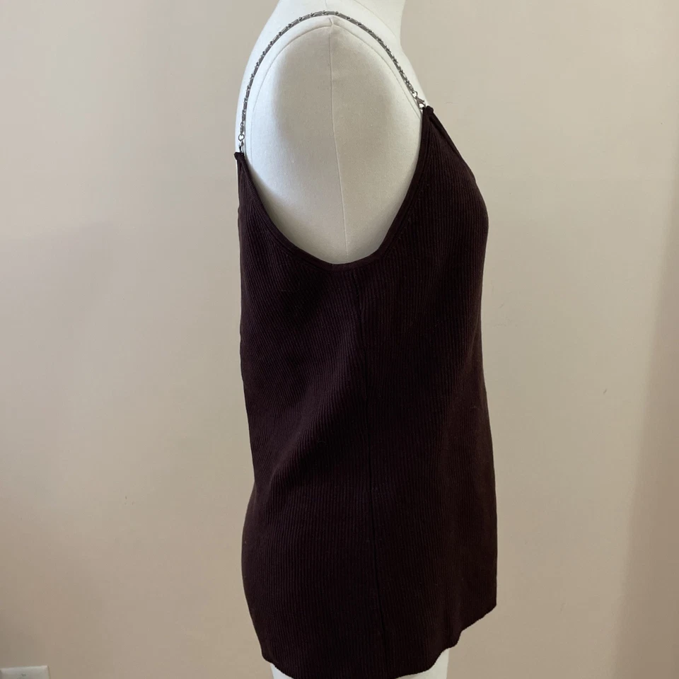 Camiseta sin mangas vintage Y2K Kenar mezcla de seda para mujer XL marrón acanalada cadena correas vampiro Foto 4 de 4