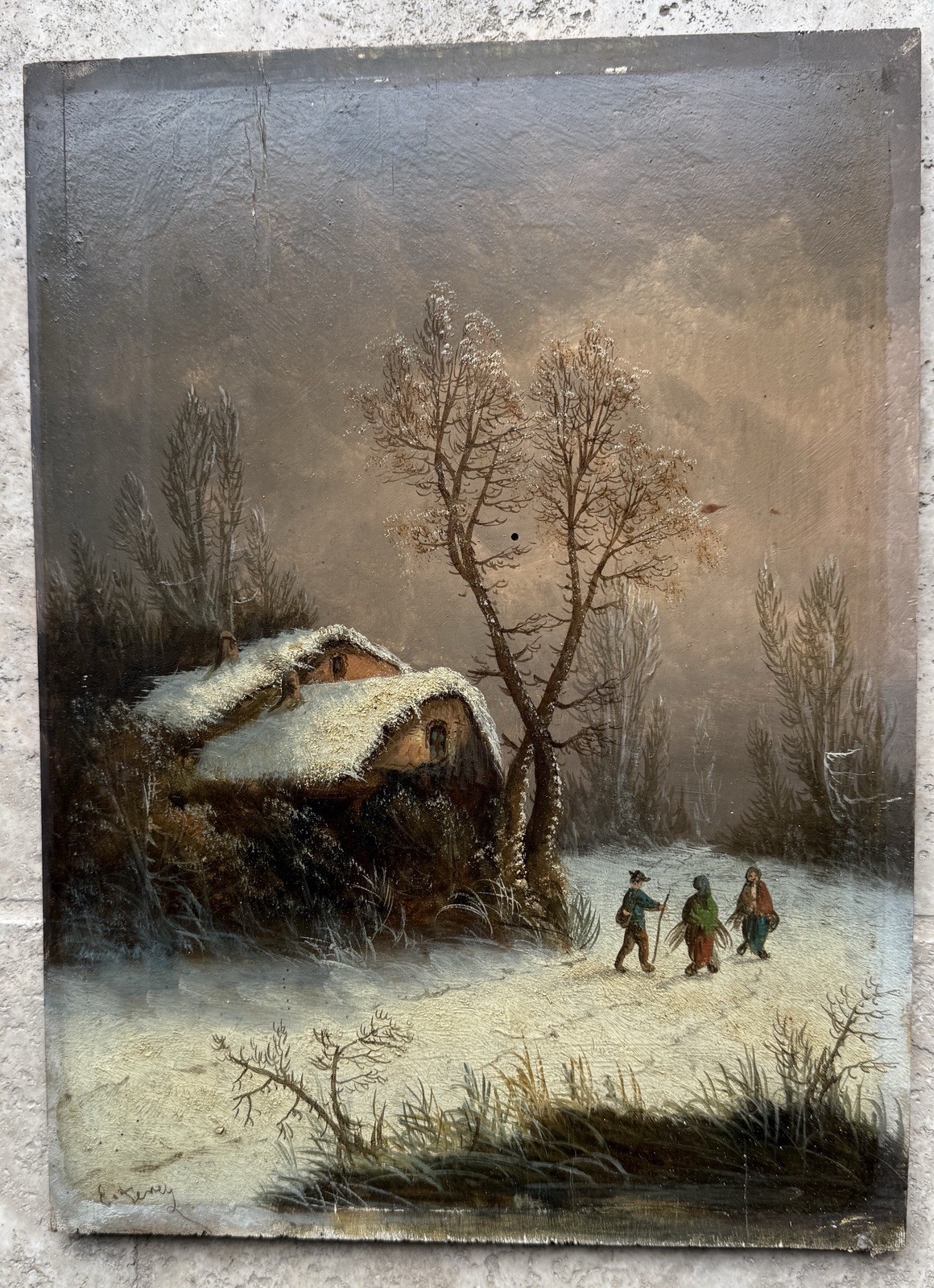 Antique Painting Hsp Landscape Winter Animated Scene 19th Century Signed To Identify?