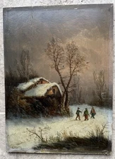 Tableau ancien Hsp Paysage Hiver Scène animée XIXè siècle Signé à identifier ?