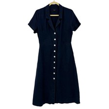 Quince 100% European Linen Button Front Dress Deep Navy Basic Sleeved Sz S