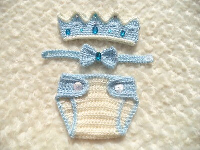 Crochet Baby Boy Outfit, Newborn Baby Crown Set, Crochet King Crown, Blue-White