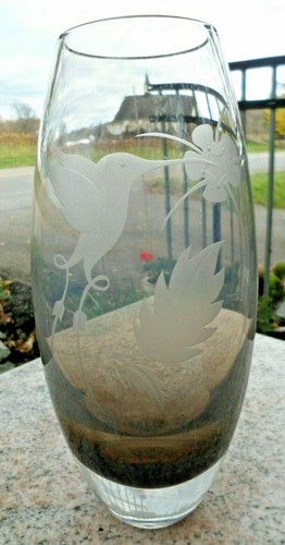 Vase Caithness Hummingbird Acid Etched Design Bird Brown Smoke Glass Vintage - Picture 20 of 24