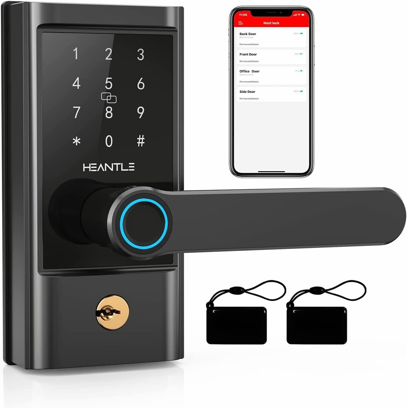Keyless Entry Door Lock with Handle, HEANTLE Smart Lock Fingerprint Deadbolt  APP Body Logic