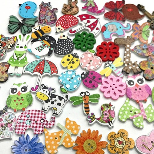 50pcs Wood Sewing Buttons Scrapbooking Painting Cartoon Animal Bees Flower Mixed - Picture 3 of 3