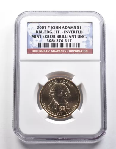 Mint Error BU 2007-P John Adams Presidential $1 DBL EDG LET Inverted NGC *2295
