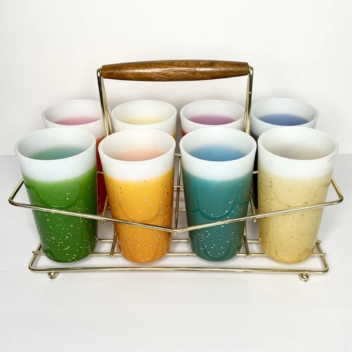 Vintage Fire King Glamalite Milk Glass Tumblers Set/8 With Wire Rack MCM
