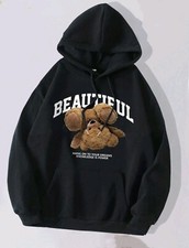 Black Hoodie Hoody Bear Slogan Graphic Fashion Jumper Size M