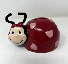 Vtg  Ladybug Coin Piggy Bank w/ Stopper 3.75" X 6" Ceramic Red Black Pink Hearts