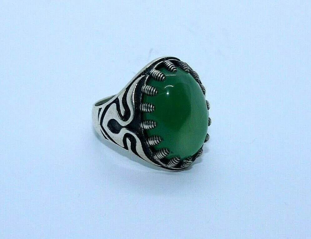 Yemeni Green Aqeeq Ring Handmade Agate Ring Sterling Silver 925