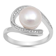 Women 13mm 925 Sterling Silver Freshwater Cultured Pearl CZ Ladies Ring Band