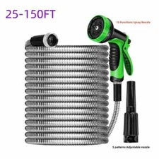 25/50/75/100/150FT Stainless Steel Garden Water Hose With 2X Spray Nozzle Gun