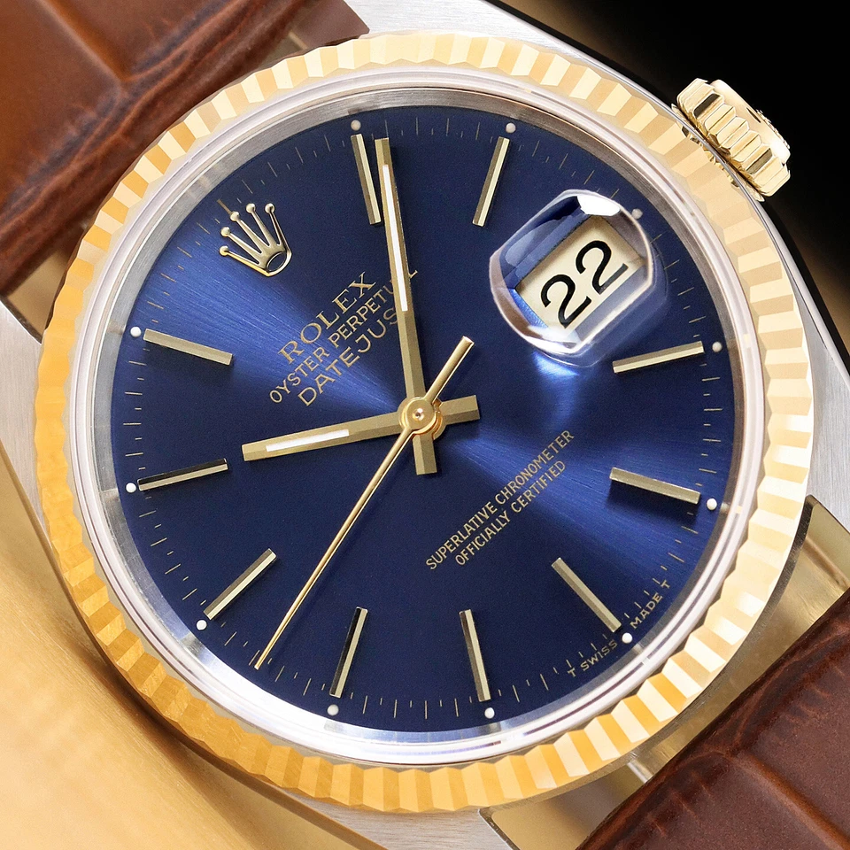ROLEX MENS DATEJUST 16233 BLUE DIAL 18K GOLD STEEL WATCH w/ BROWN LEATHER BAND
