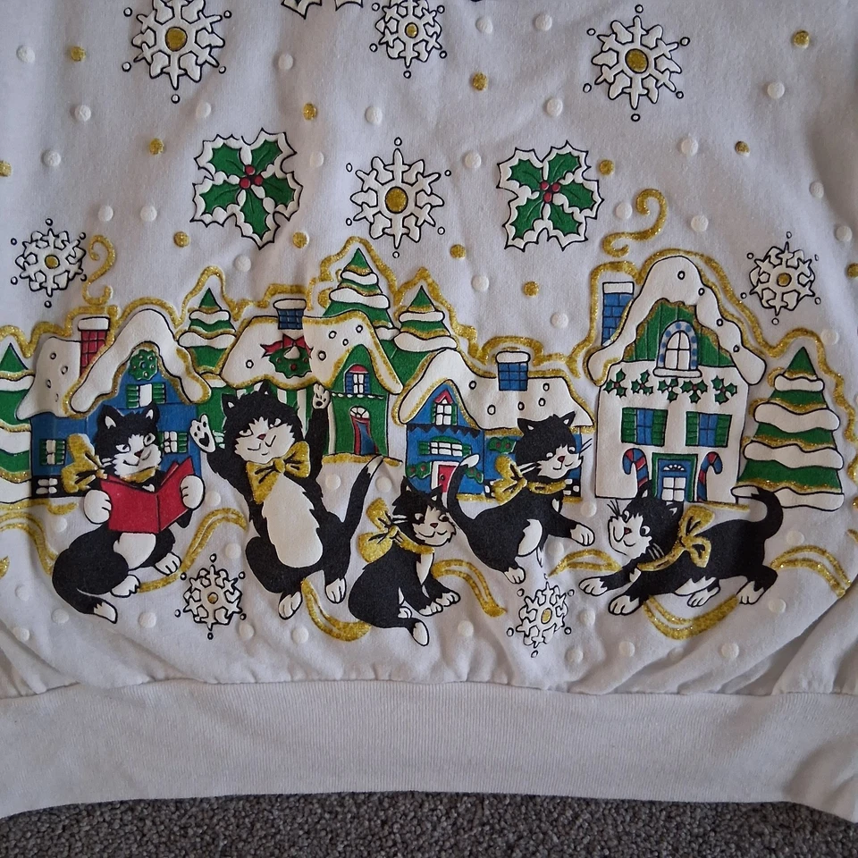 Vintage 80/90s Cat Christmas Sweatshirt Cute Kitty Kitten Playing Ugly - Image 3 of 4