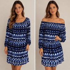 AB Studio Dress Size XL Peasant Blouson Blue Print Scoop Neck Off Shoulder