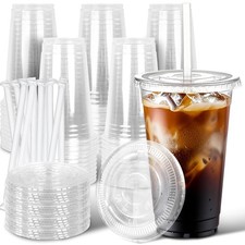 50 Pack 20 oz Plastic Iced Coffee Cups with Lids and Straws, Clear Disposable...