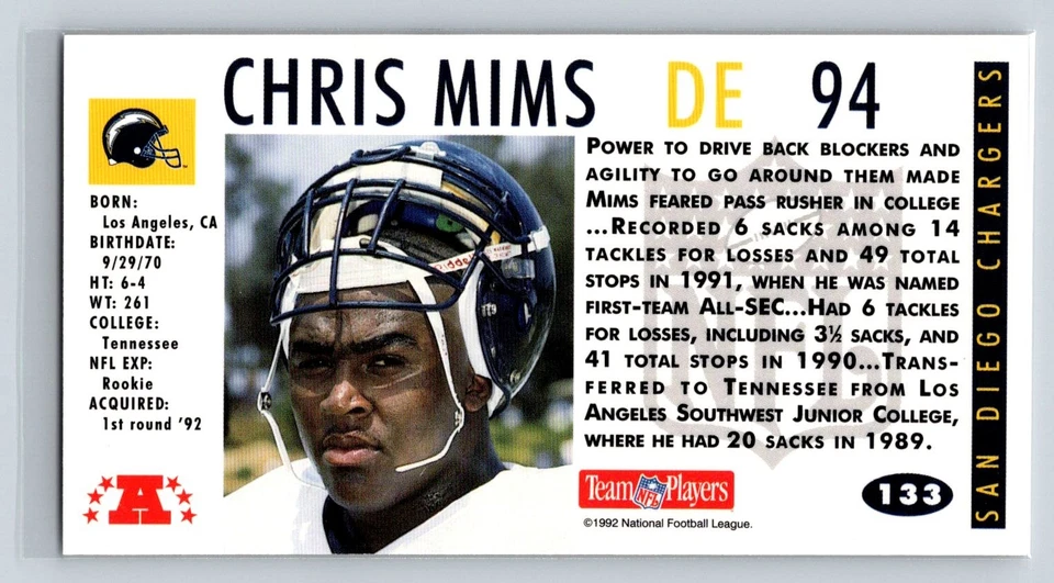 Chris Mims 1992 GameDay #133 San Diego Chargers - Image 2 of 2