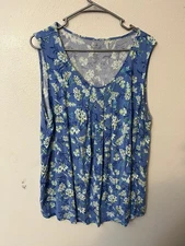 CROFT & BARROW Women Sleeveless Size 2X Pleat Front Flower Blue Tank Top