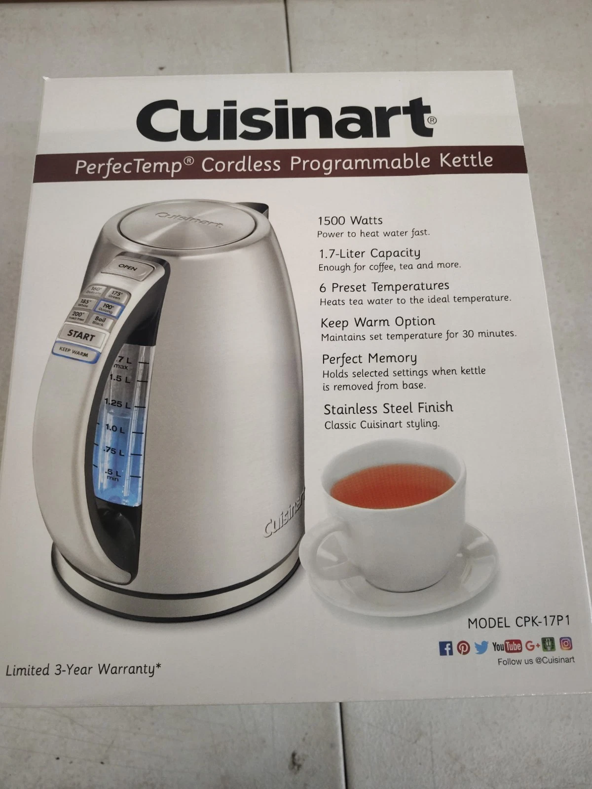 Cuisinart CPK-17P1 PerfecTemp 1.7L Electric Kettle 1500W 6 Temps
Opens in a new window or tab