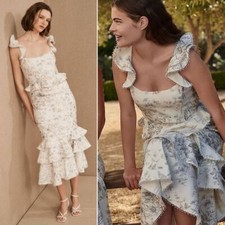 V. Chapman Violet Midi Dress in Blue Murano Print Linen Blend Ruffles - Size 10