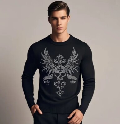 New Men Luxury Diamond Skull Rhinestones Fashion Knitted Black Sweater