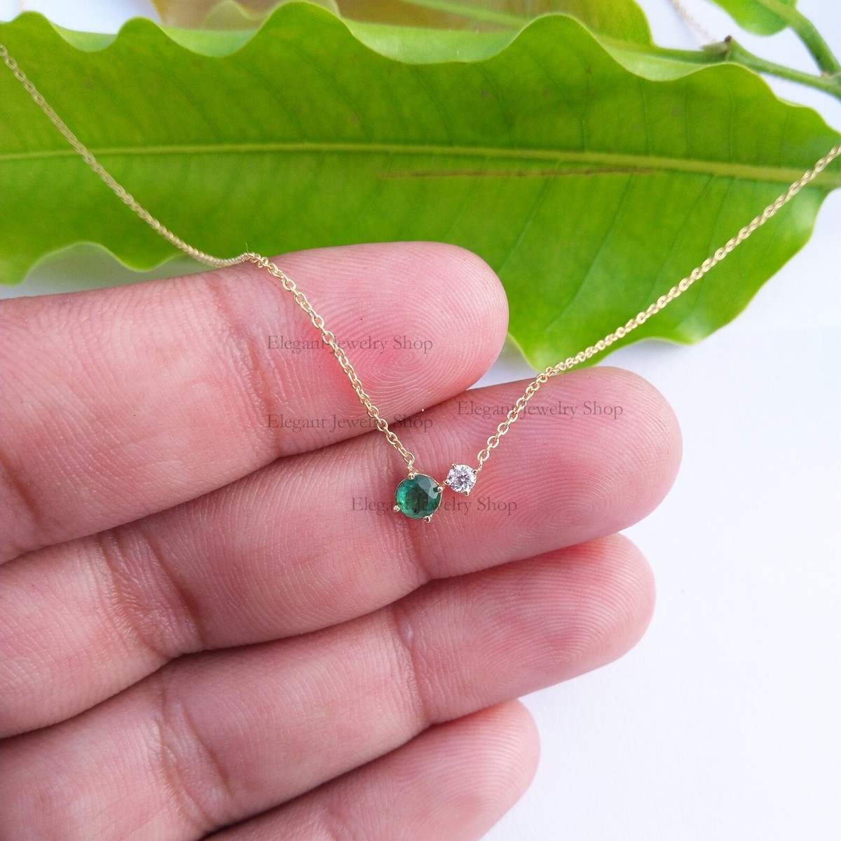 Real Emerald Diamond Dainty Necklace 14kt Yellow Gold Minimalist