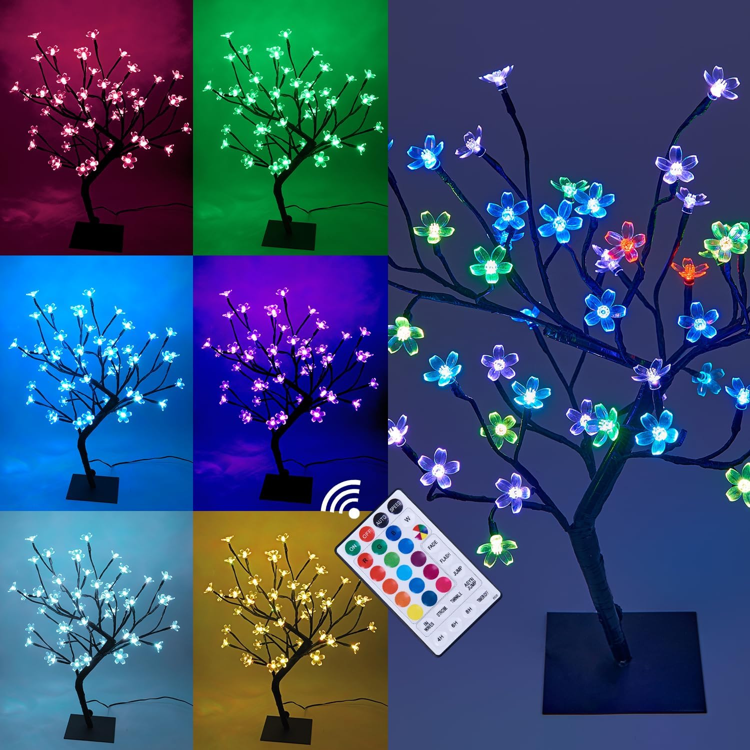 18 Inch Cherry Blossom Bonsai Tree, 48 LED Lights, RGB with Remote Control, 16 C