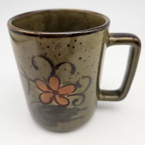 Vintage Otagiri Green Brown Mug Orange Flowers Hand Painted