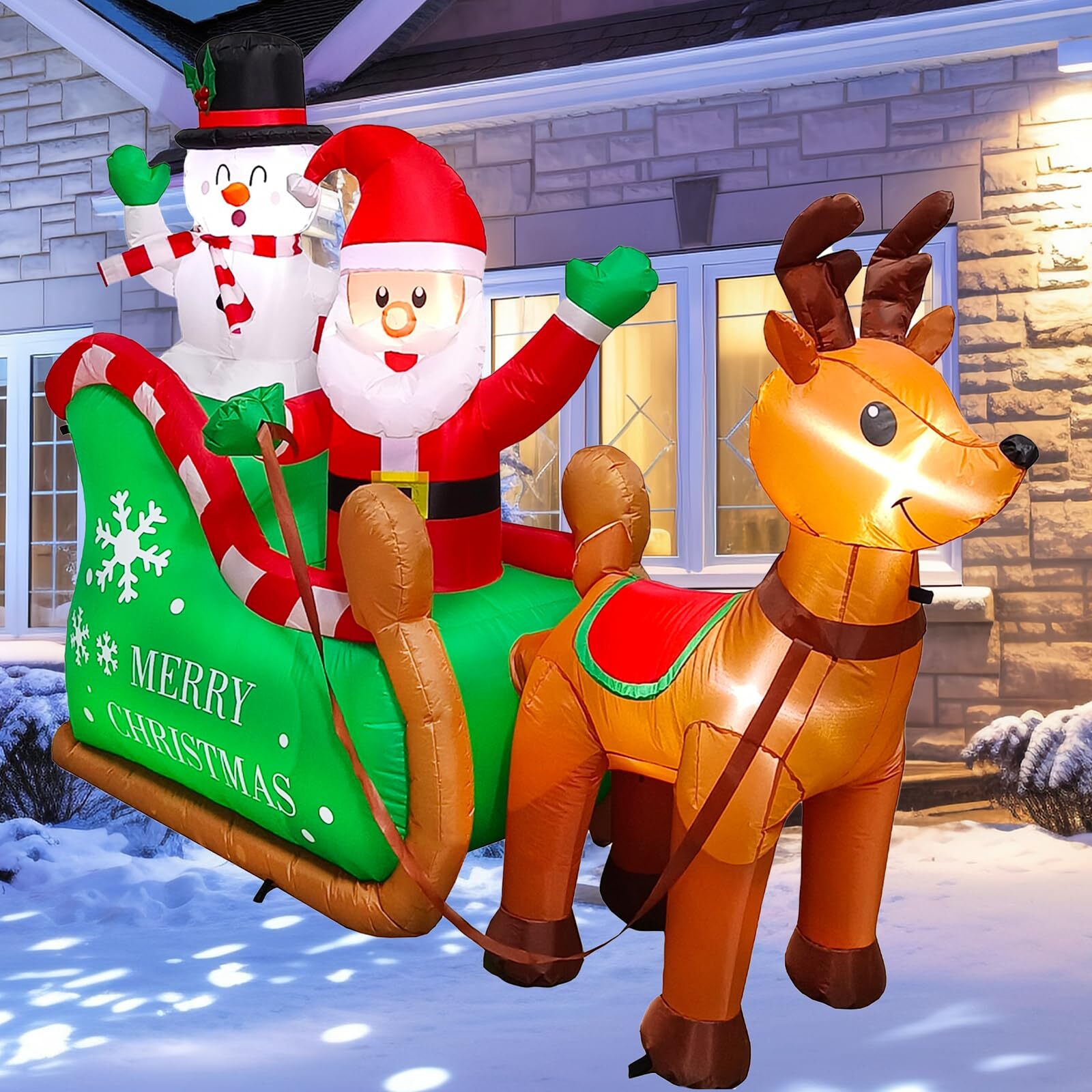 7.2 FT Long Christmas Inflatables Santa Claus on Sleigh with Snowman & Reinde...