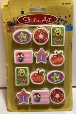 Vintage Erasers Kids School Reward Studio Art 12 Ct Stars Apples Happy Face NOS