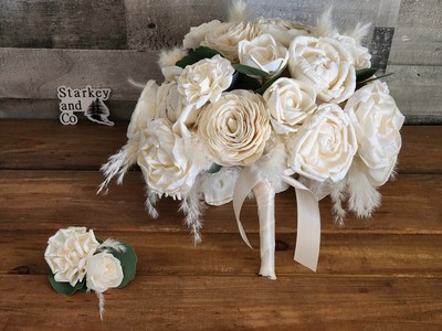 Brides Bouquet with Matching Grooms Boutonniere, Sola Wood Bouquet for Wedding