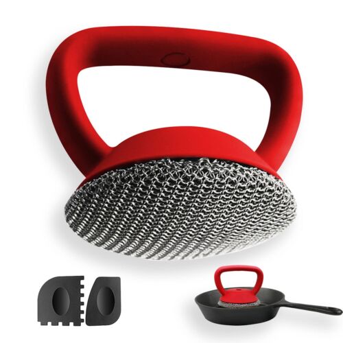 Cast Iron Scrubber, Cast Iron Skillet Cleaner+2 Pan Grill Scrapers Chain to C...