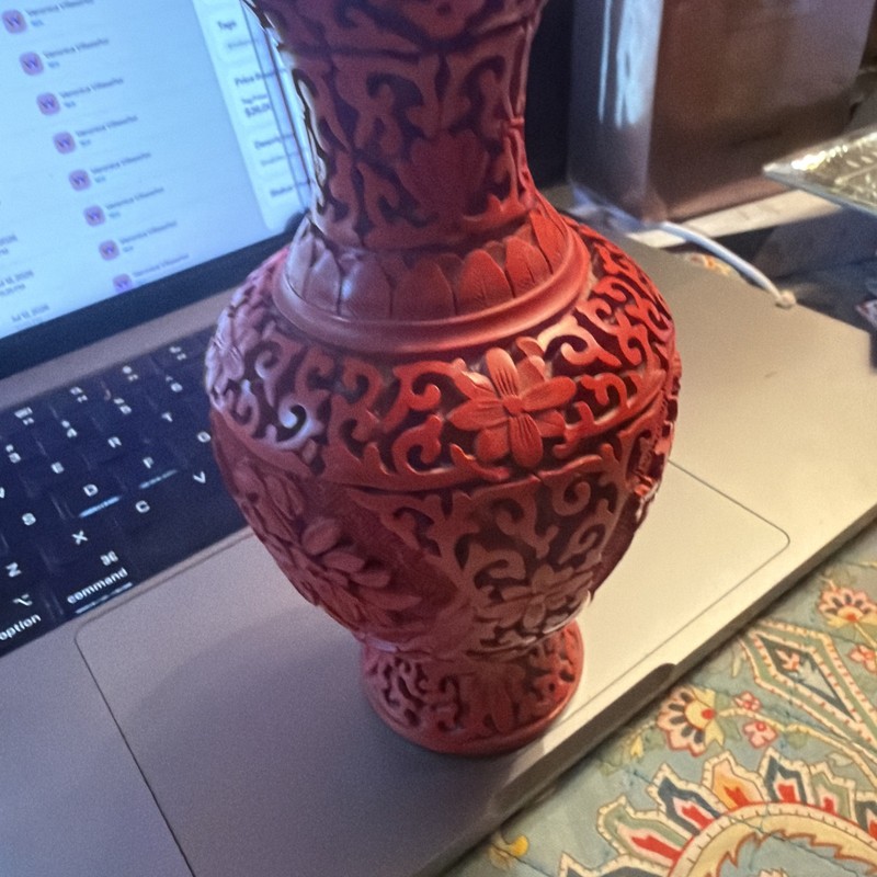 Authentic Antique Chinese Red Cinnabar Vase Brass Mouth and Base
