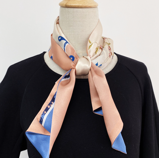 100% Silk Mulberry Scarf 150x16cm Pink Floral Print Women's Wrap Neckerchief