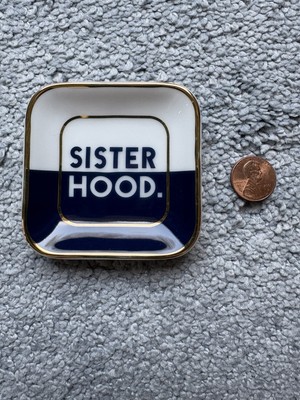 DRAPER JAMES Trinket Tray Ring Tray SISTERHOOD 2 3/4  2018 WHITE OVER DEEP BLUE