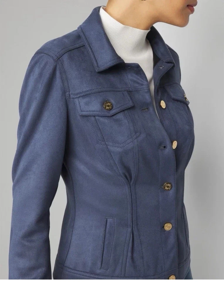 Chaqueta coqueta de gamuza ultra azul WHBM White House Black Market talla grande L Foto 3 de 4