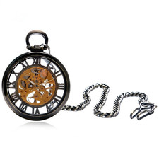 Steampunk Skeleton Dial Mechanical Manual Pocket Watch w/ Chain Black/Silver