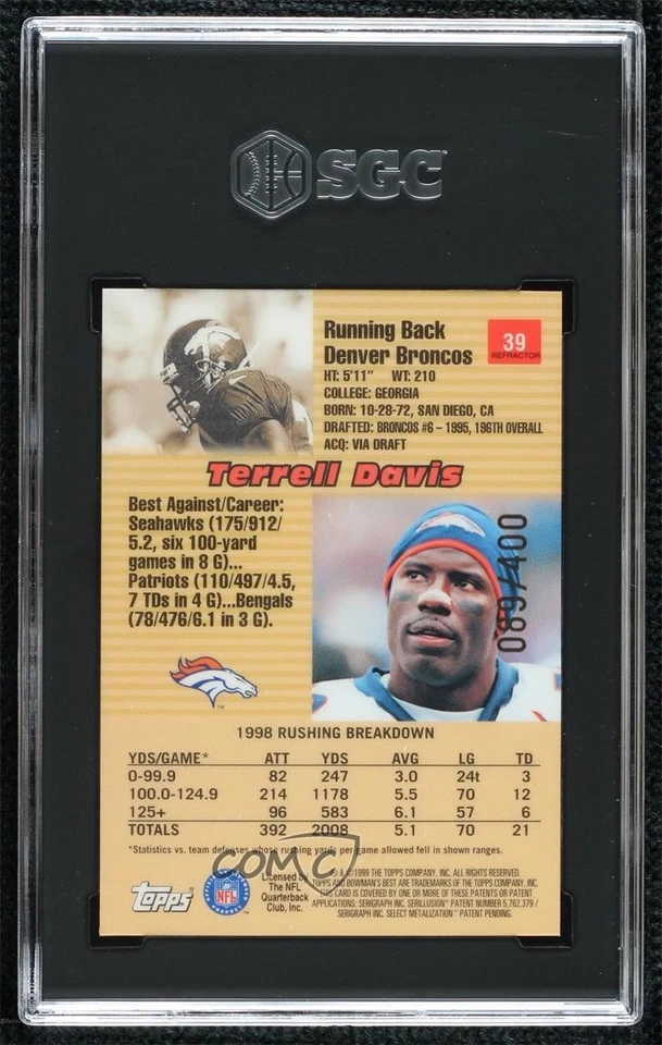 1999 Bowman's Best Refractor /400 Terrell Davis #39 SGC 9.5 Mint+ HOF - Image 2 of 2