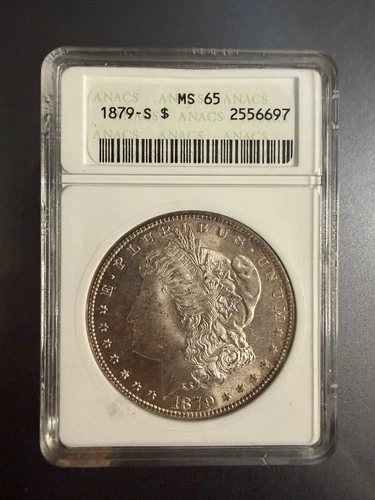 1879 S MS65 MORGAN SILVER DOLLAR ANACS SOAPBOX HOLDER