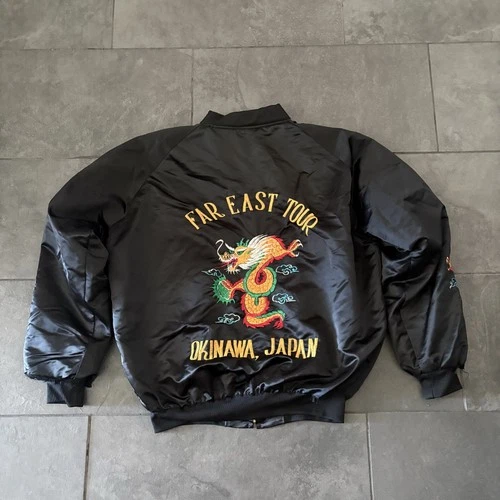 Far East Tour Jacket Black Satin Embroidered Dragon Okinawa Japan Souvenir - product listing photo