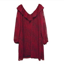Michael Kors Red Leopard Print Ruffle Sheer Sleeve Dress Women's Size Large L